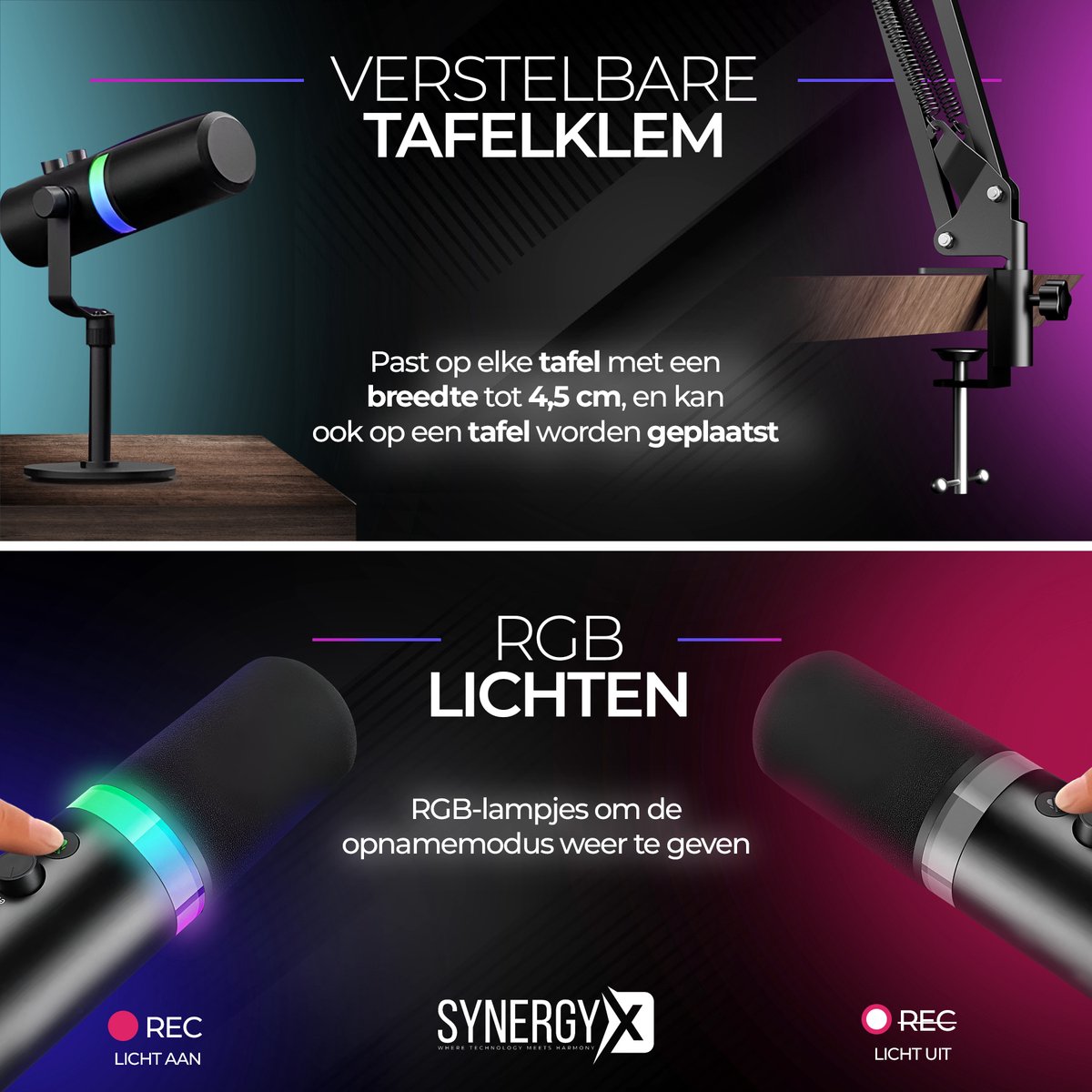 SynergyX SonicFlex Pro ll Microfoon - USB Gaming Microfoon Met Arm XC7 - PC-Gaming - Geschikt voor PC/PS4/PS5 - RGB - Podcast - Gaming - Streaming - Zwart