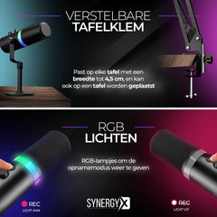 SynergyX SonicFlex Pro ll Microfoon - USB Gaming Microfoon Met Arm XC7 - PC-Gaming - Geschikt voor PC/PS4/PS5 - RGB - Podcast - Gaming - Streaming - Zwart