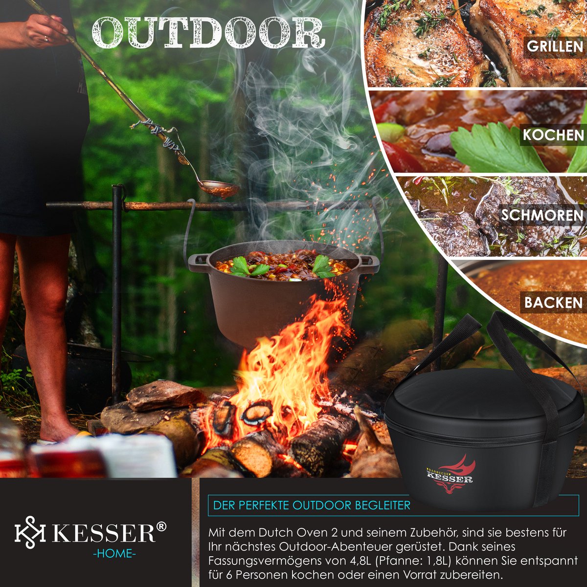 KESSER® Dutch Oven Gietijzeren Pan 1,8L en Pot 4,8L - Zwart