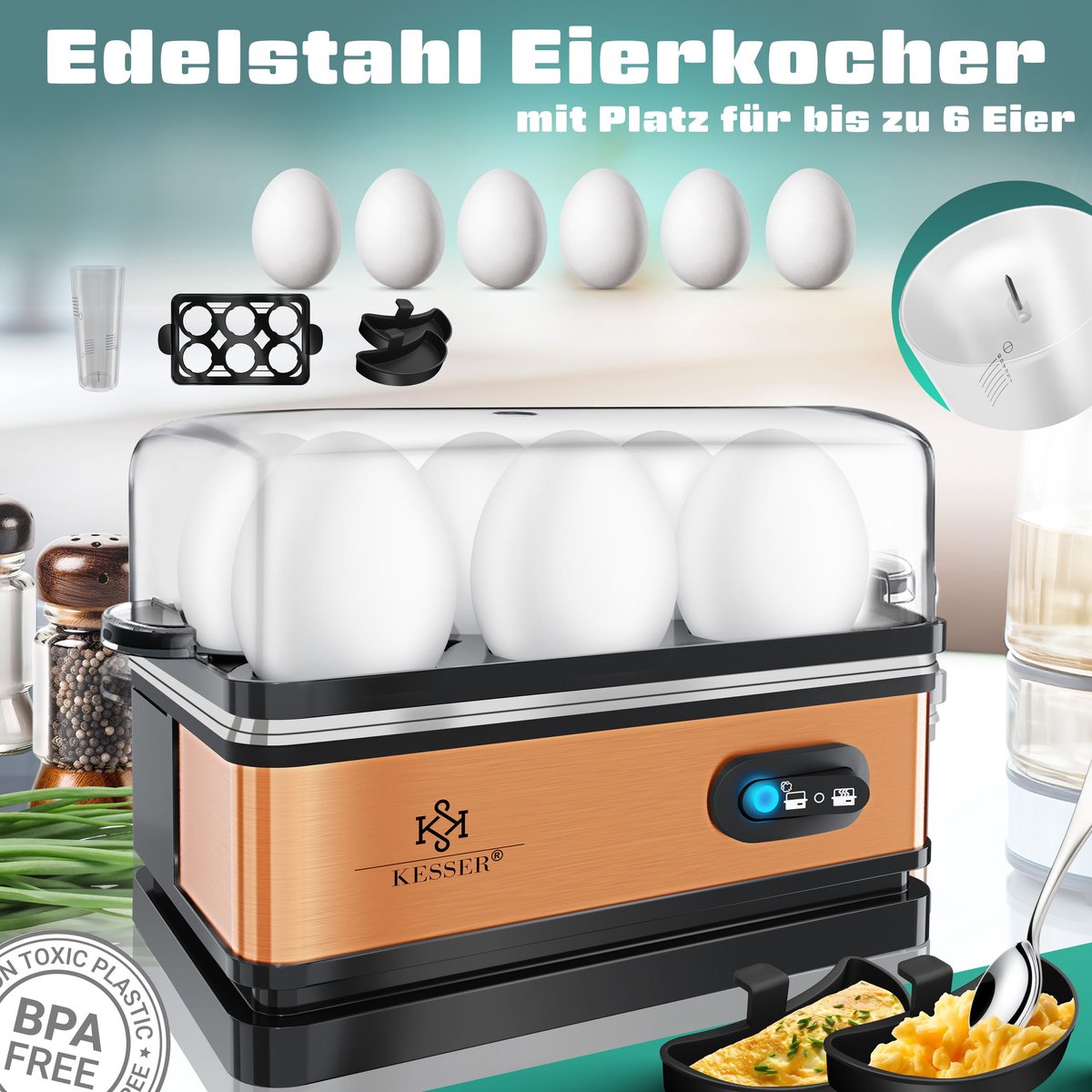 KESSER® Eierkoker electrisch voor 6 Eieren | Elektrische Eierkoker 400W van roestvrij staal met Timer en Maatbeker & 2x kom voor omelet BPA-vrij - Zwart / Koper •