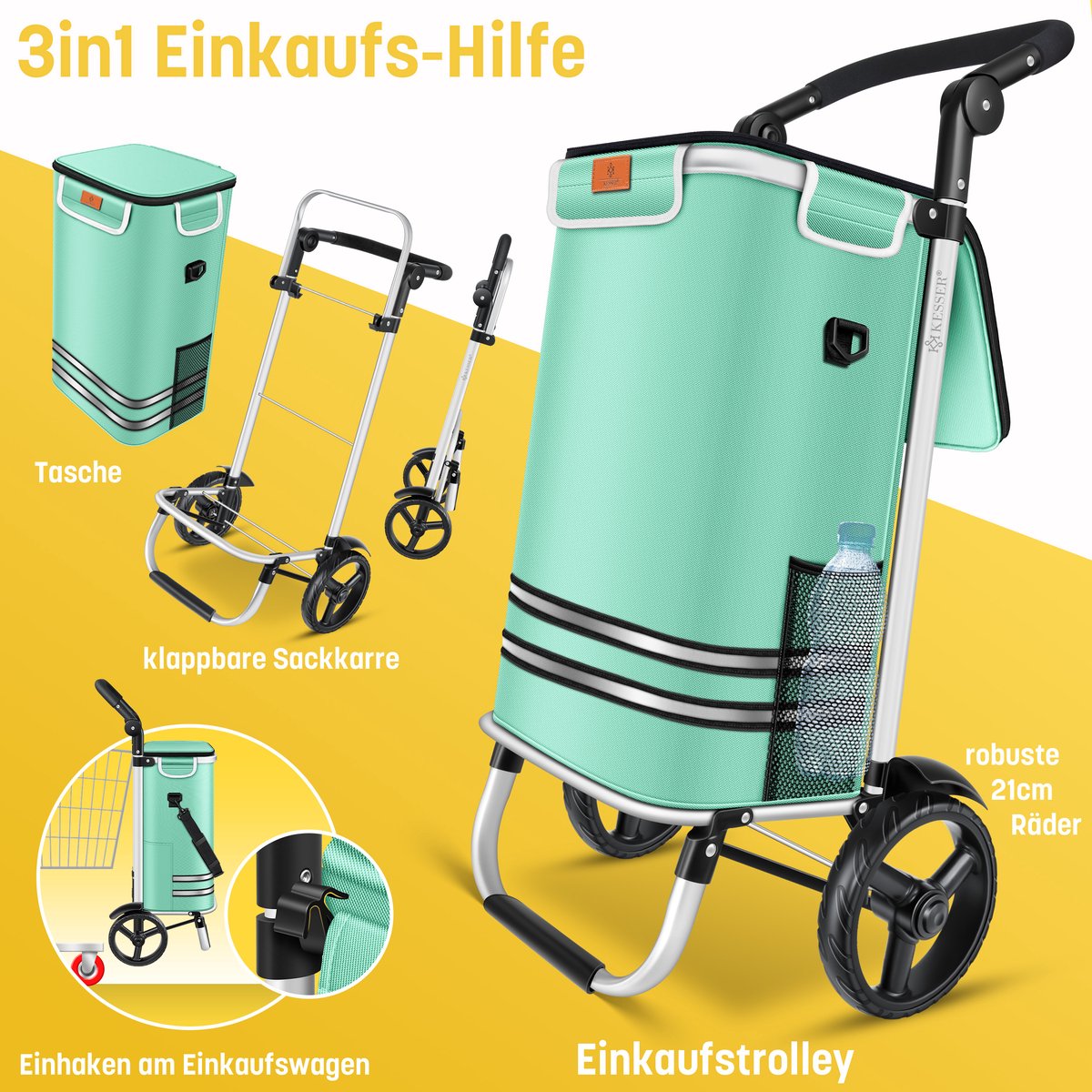 KESSER® Boodschappentrolley met koelvak - Boodschappenwagen 56 liter - Steekwagen functie draagkracht tot 50 kg Opvouwbare Boodschappenkar - Mintgroen