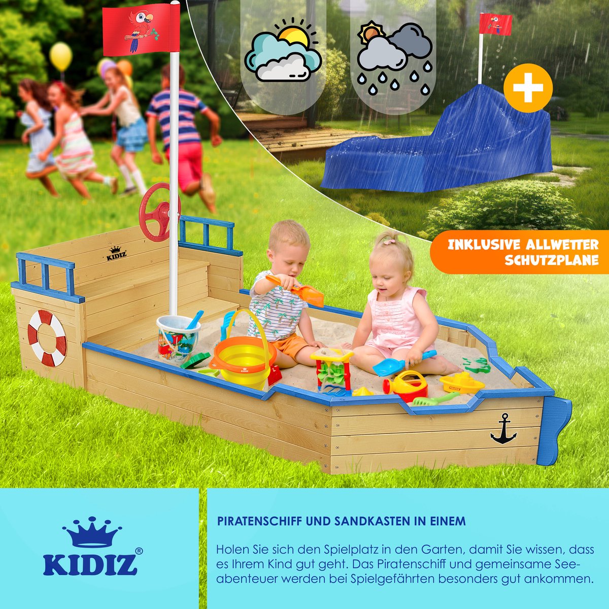 KIDIZ® Zandbak piratendesign - Met bankje - Bruin