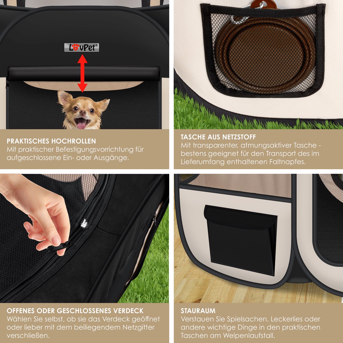LOVPET® Puppyren voor Kleine Dieren Honden Katten - Opvouwbaar Hondenren inclusief kom en Haringen - Puppy Ren Pop-up Systeem Indoor & Outdoor Konijnenren - Beige
