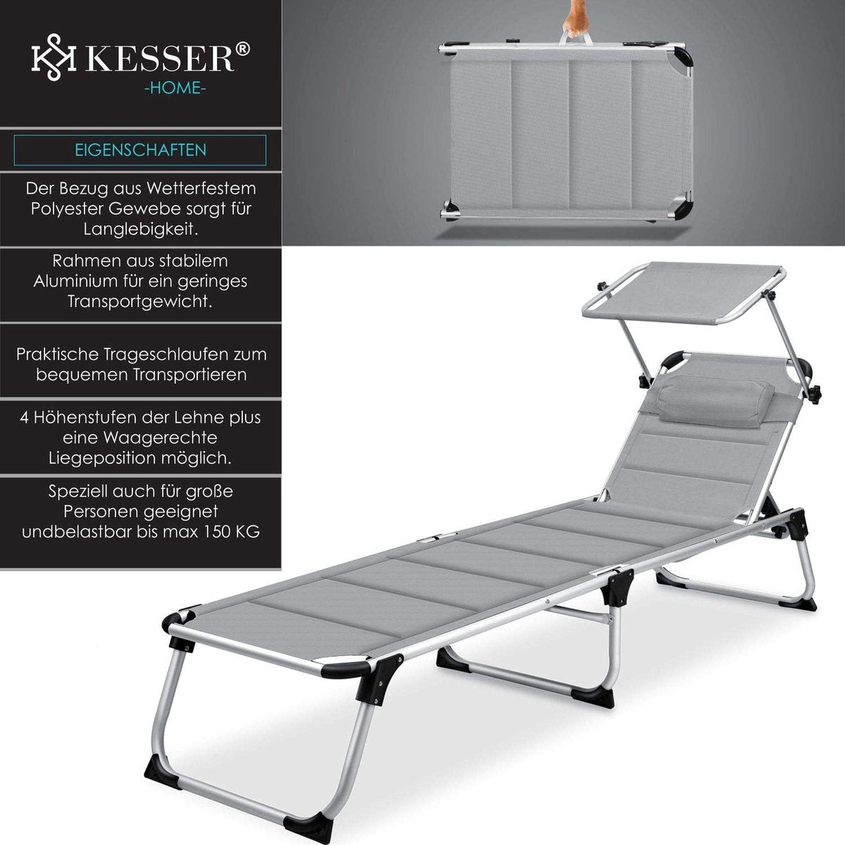 Ligbed - Ligstoel - Zonnebed - Opvouwbaar - Grijs - KESSER®