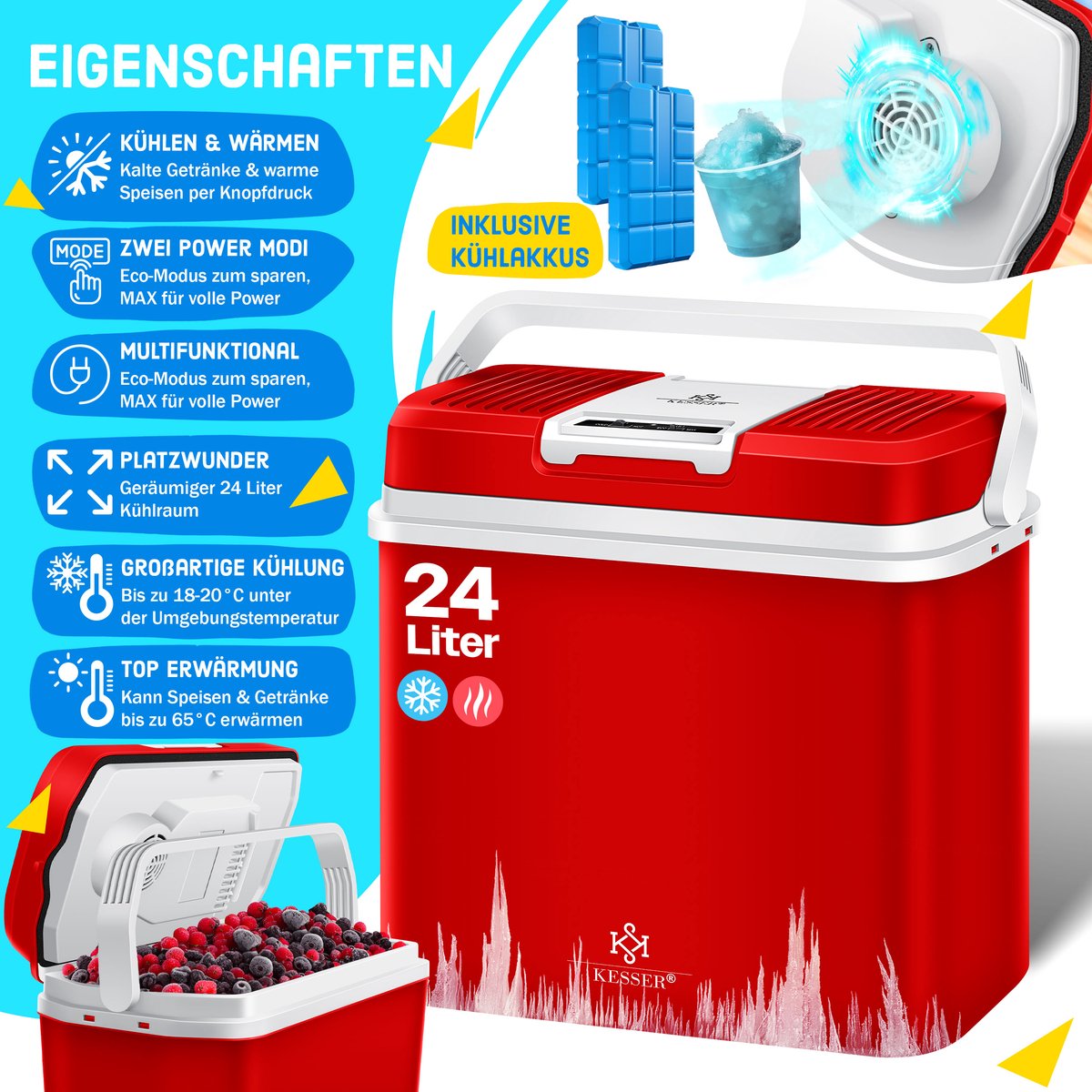 KESSER® Thermo-Elektrische Koelbox – 24L – 12V/230V – Rood •