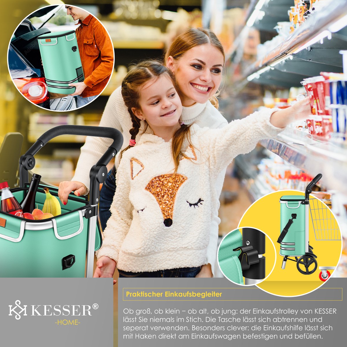 KESSER® Boodschappentrolley met koelvak - Boodschappenwagen 56 liter - Steekwagen functie draagkracht tot 50 kg Opvouwbare Boodschappenkar - Mintgroen