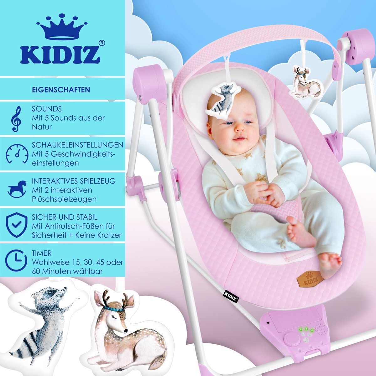 Wipstoel - Babyschommel - Baby Swing -  max 9kg - Roze - KIDIZ®
