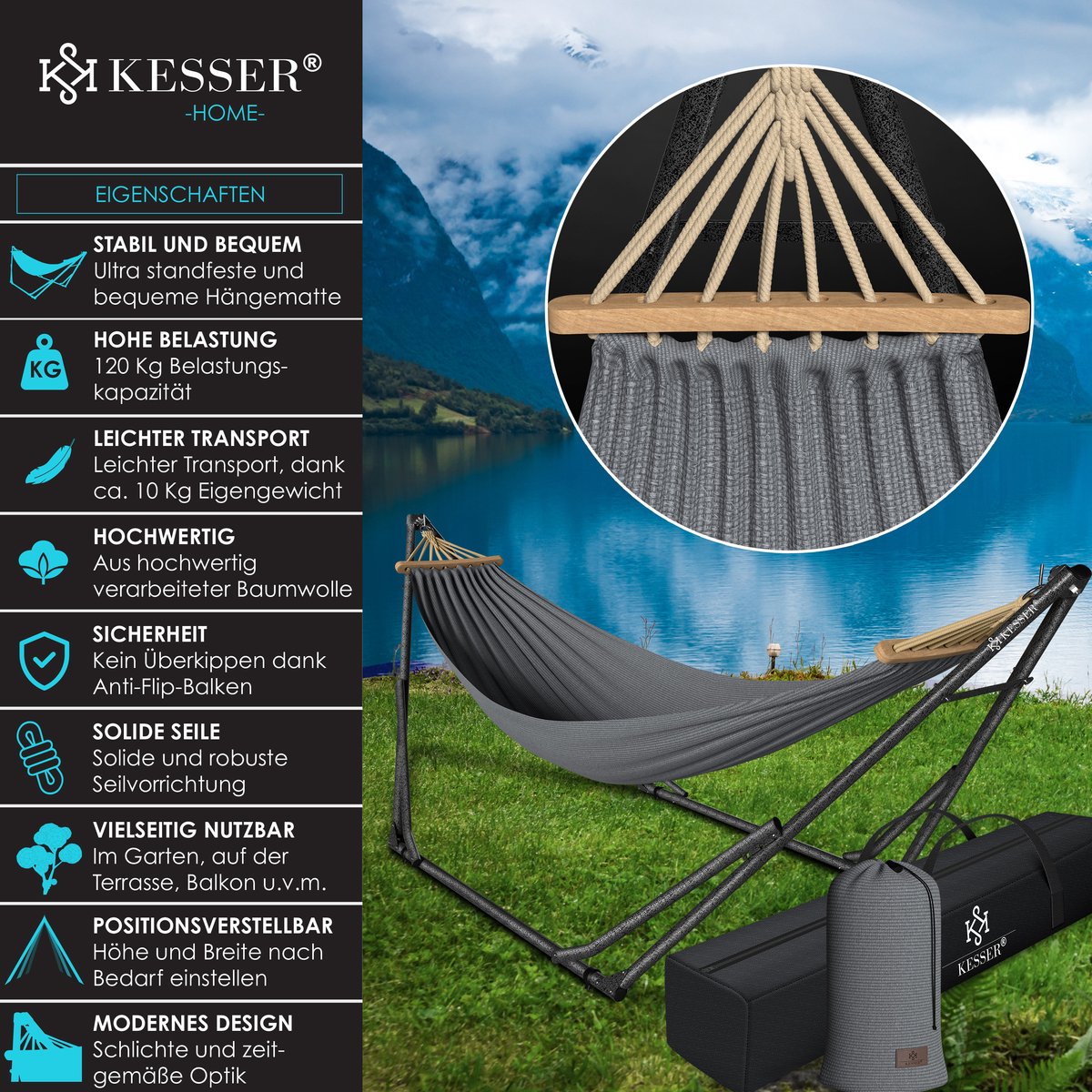 KESSER® XXL Hangmat 2 personen - Tot 200kg - Metalen Frame - Grijs