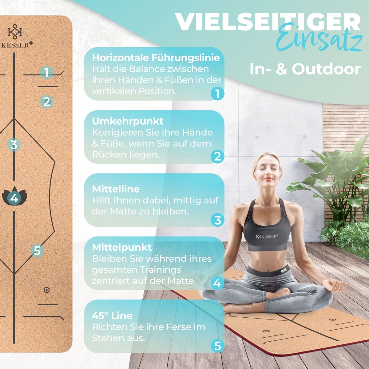 KESSER® Yogamat Kork 183x62cm Turnmat Gymnastiekmat Fitnessmat Inclusief Draagriem Tas & Yoga Blok - Bordeux