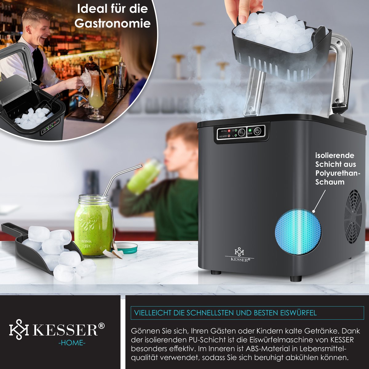 KESSER® Ijsblokjesmaker - Ijsblokjesmachine -12kg/24 uur - RVS - Antraciet