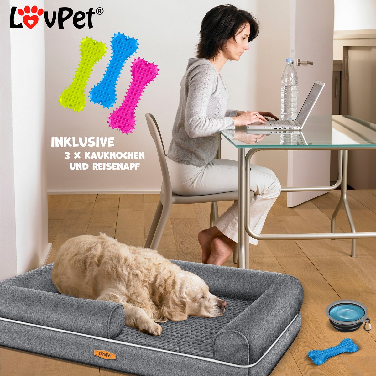 LovPet® Hondenmand Orthopedisch Hondenbed Hondenkussen Relax, Inclusief Kom + 3X Kauwbotten, Hondenbank voor Kleine, Middelgrote & Grote Honden, Hoes Afneembaar en Wasbaar - M (91 x 71 x 25 cm), Antraciet