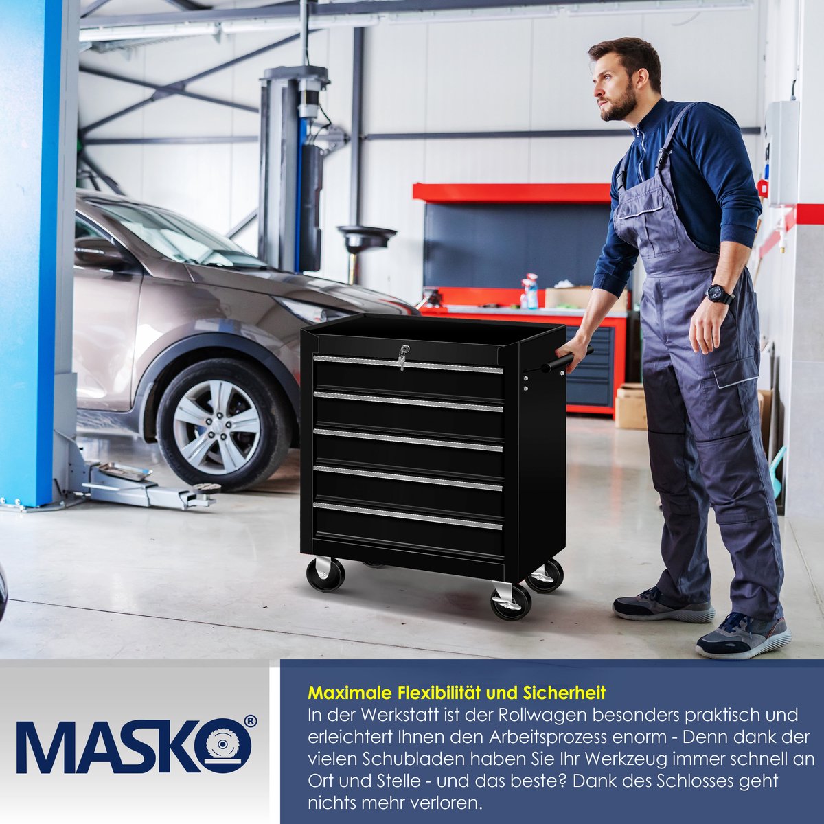 Masko® Werkplaatswagen - Gereedschapswagen - 5 vakken - Zwart •