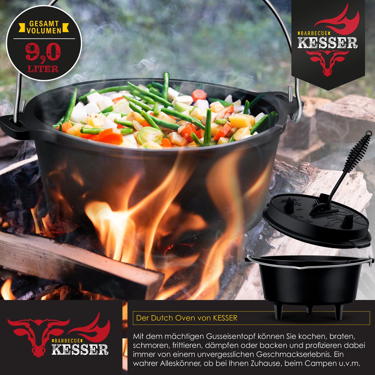 KESSER® Dutch Oven Set - 9L - Vuurpan - Stoofpan - Gietijzeren pan