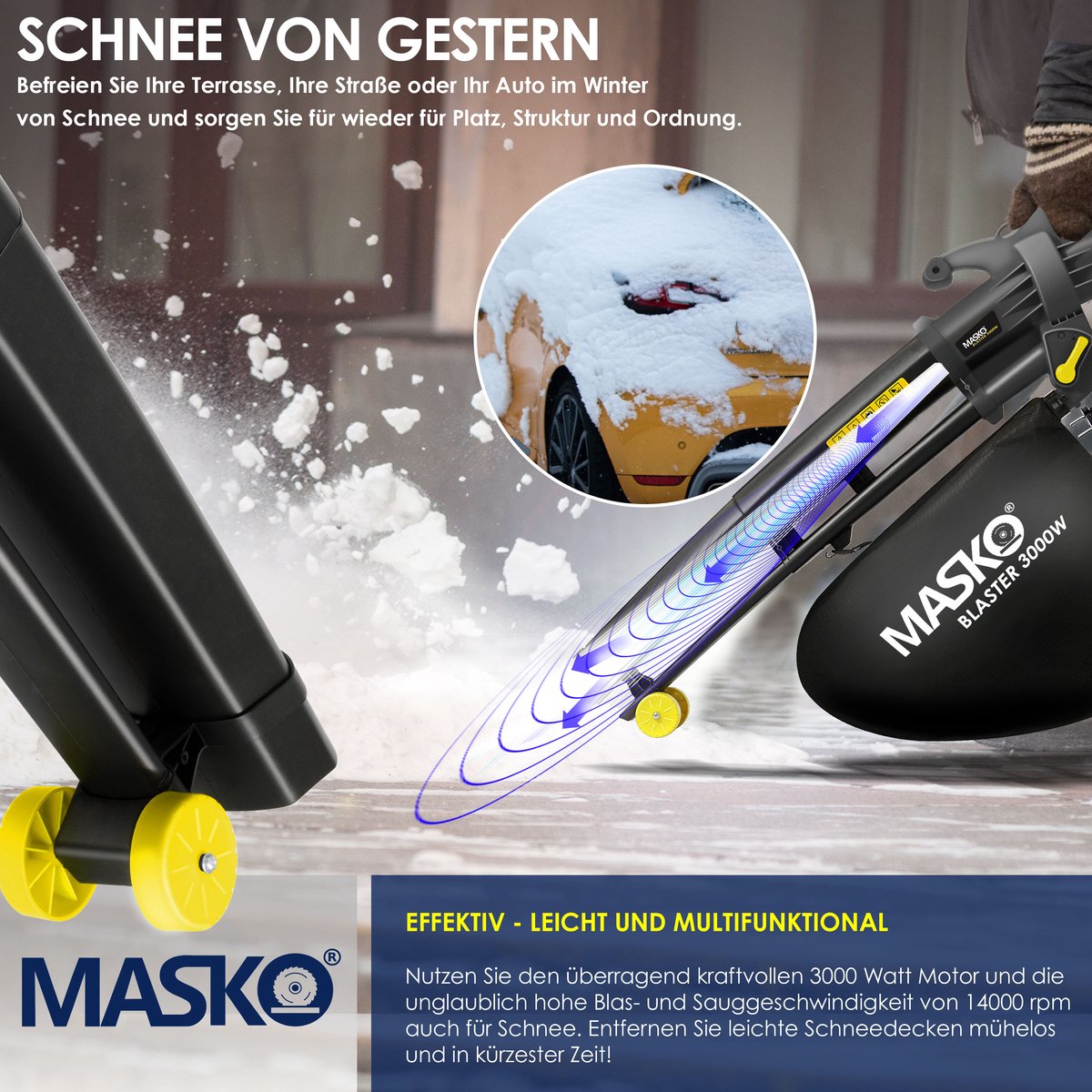 MASKO 3in1 Bladblazer - Bladzuiger 3000W - 45L opvangzak - Antraciet / Geel