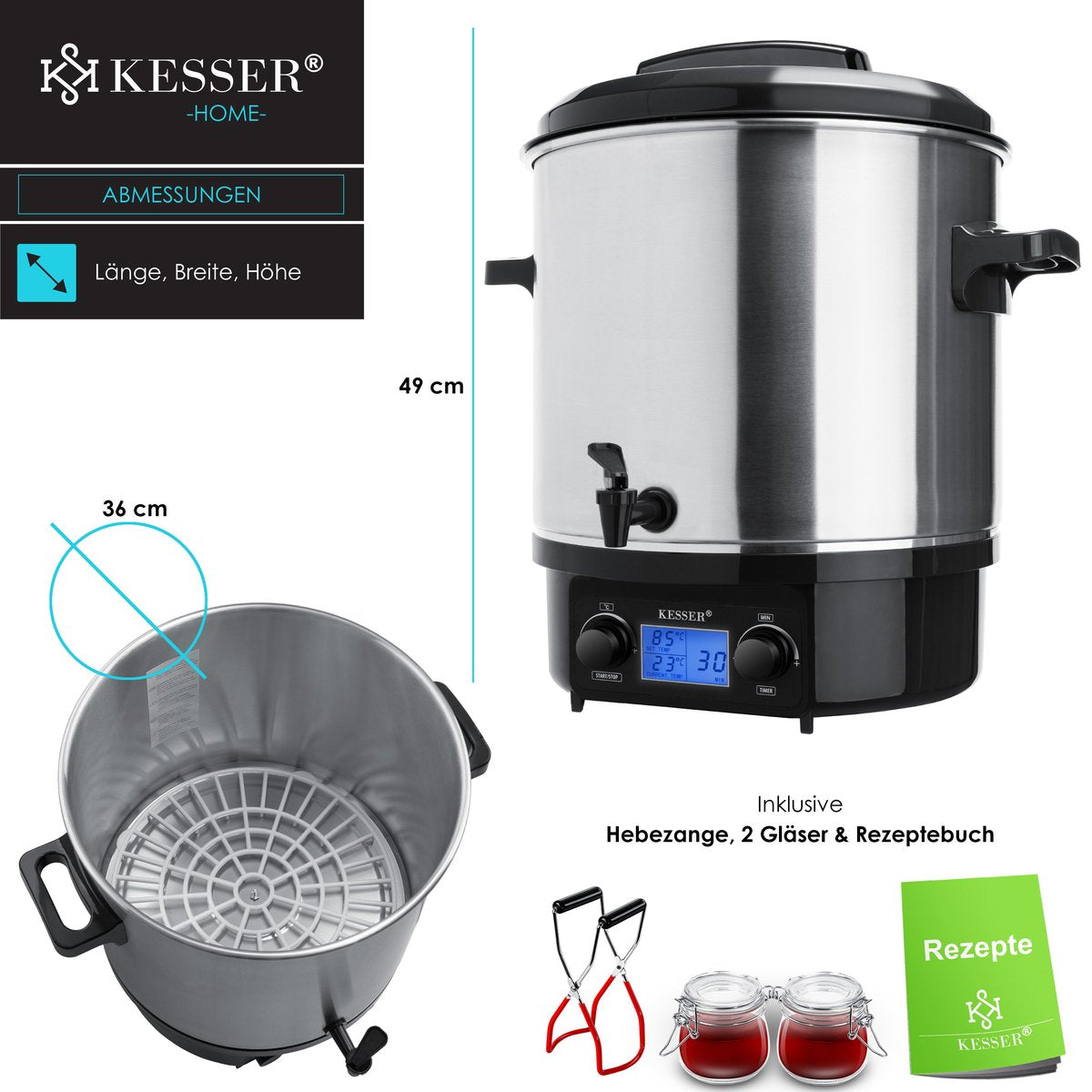 KESSER® Inmaakketel - 27L - Elektrische Ketel - 1800W - Dispenser - Zilver