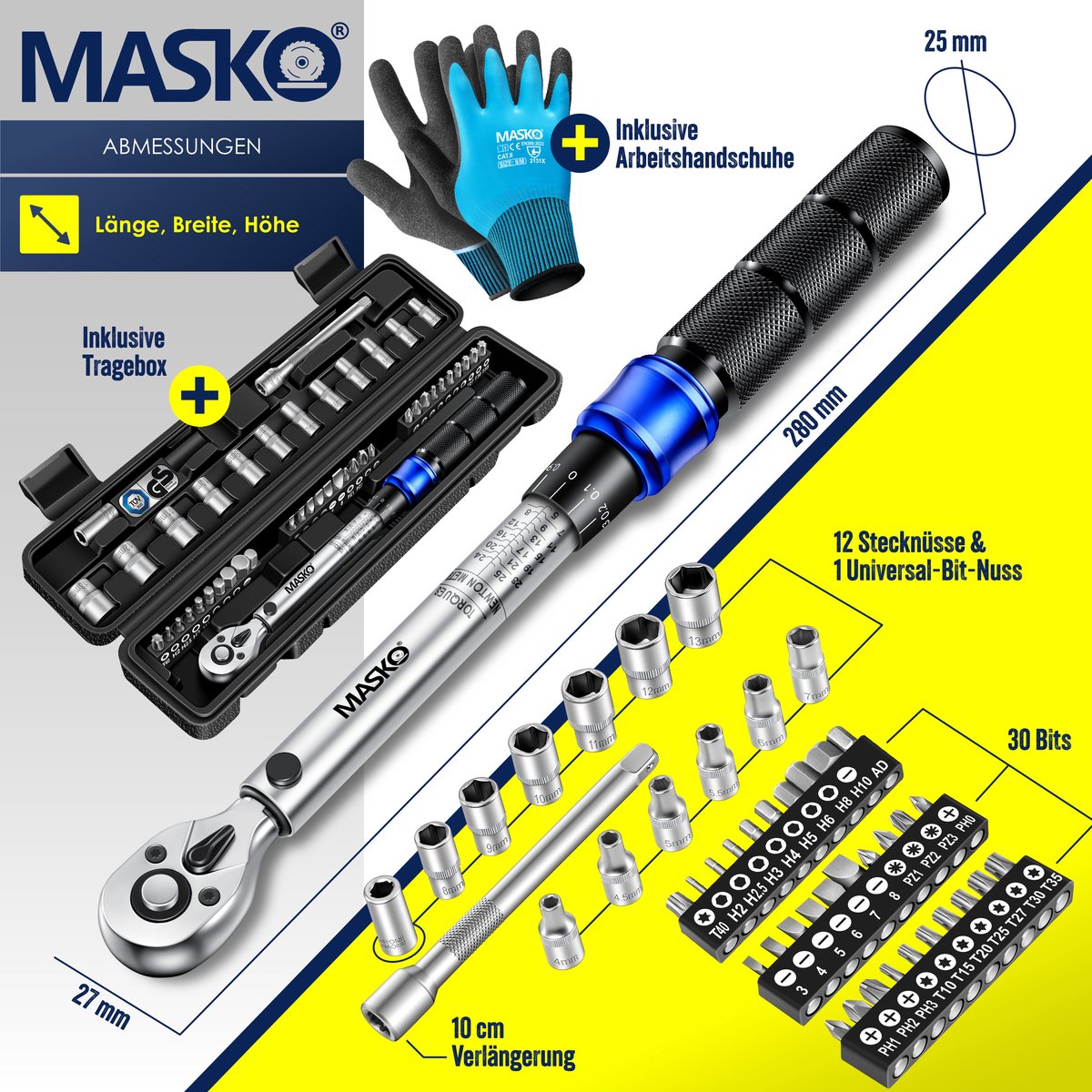 MASKO® Momentsleutel - Gereedschapset - Ratelset 5-25Nm - Blauw