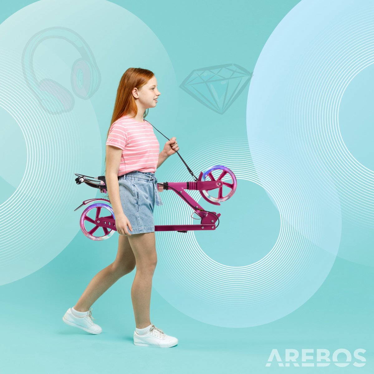 Kinderstep - LED Wielen - Verstelbaar - Vouwbaar - Roze - Arebos