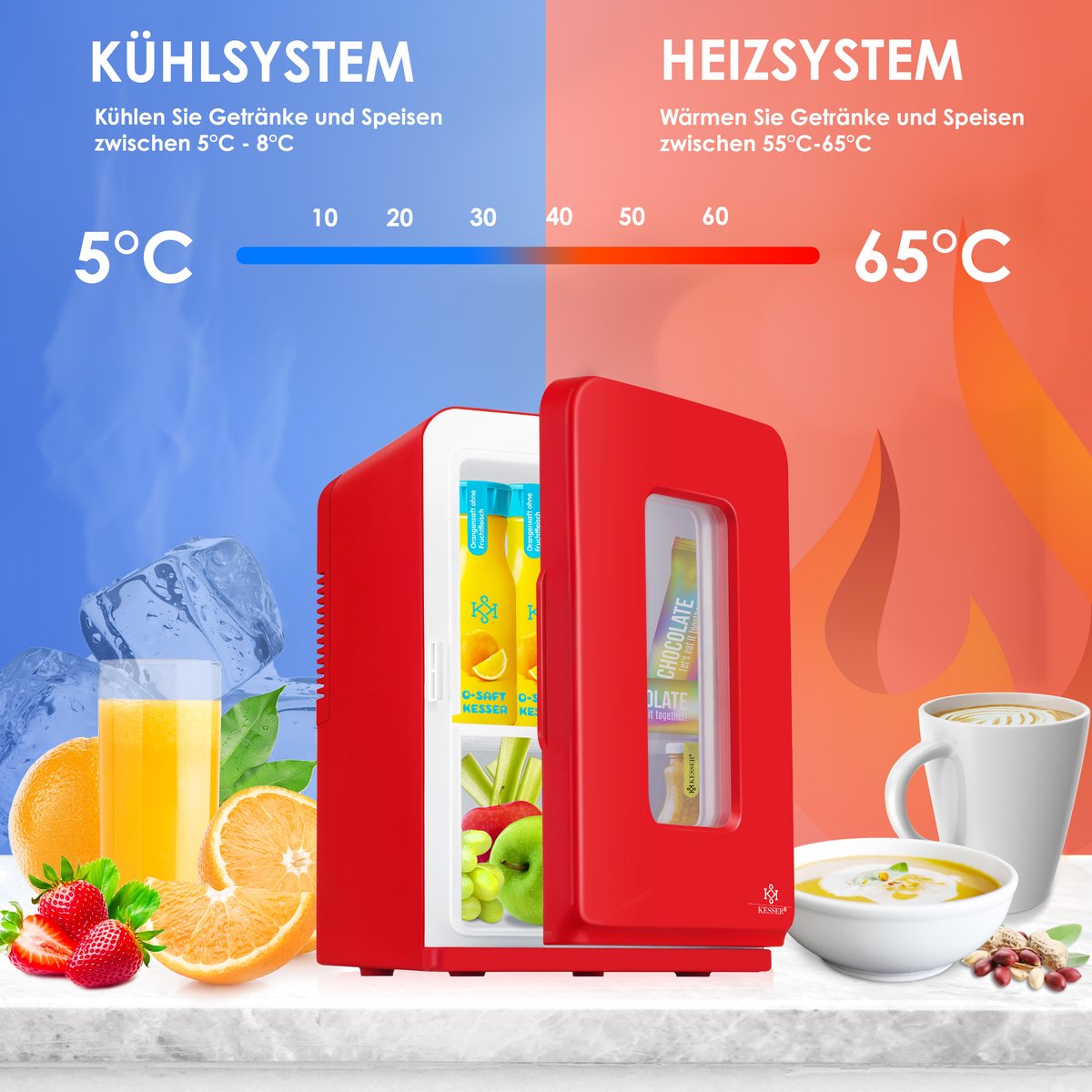 KESSER® Tafelmodel Koelkast 15 Liter AC DC 220-240V en 12V - Mini Koelkast Vrijstaand met Verwarmingsfunctie - Koelbox ideaal voor Auto en camperen - Rood