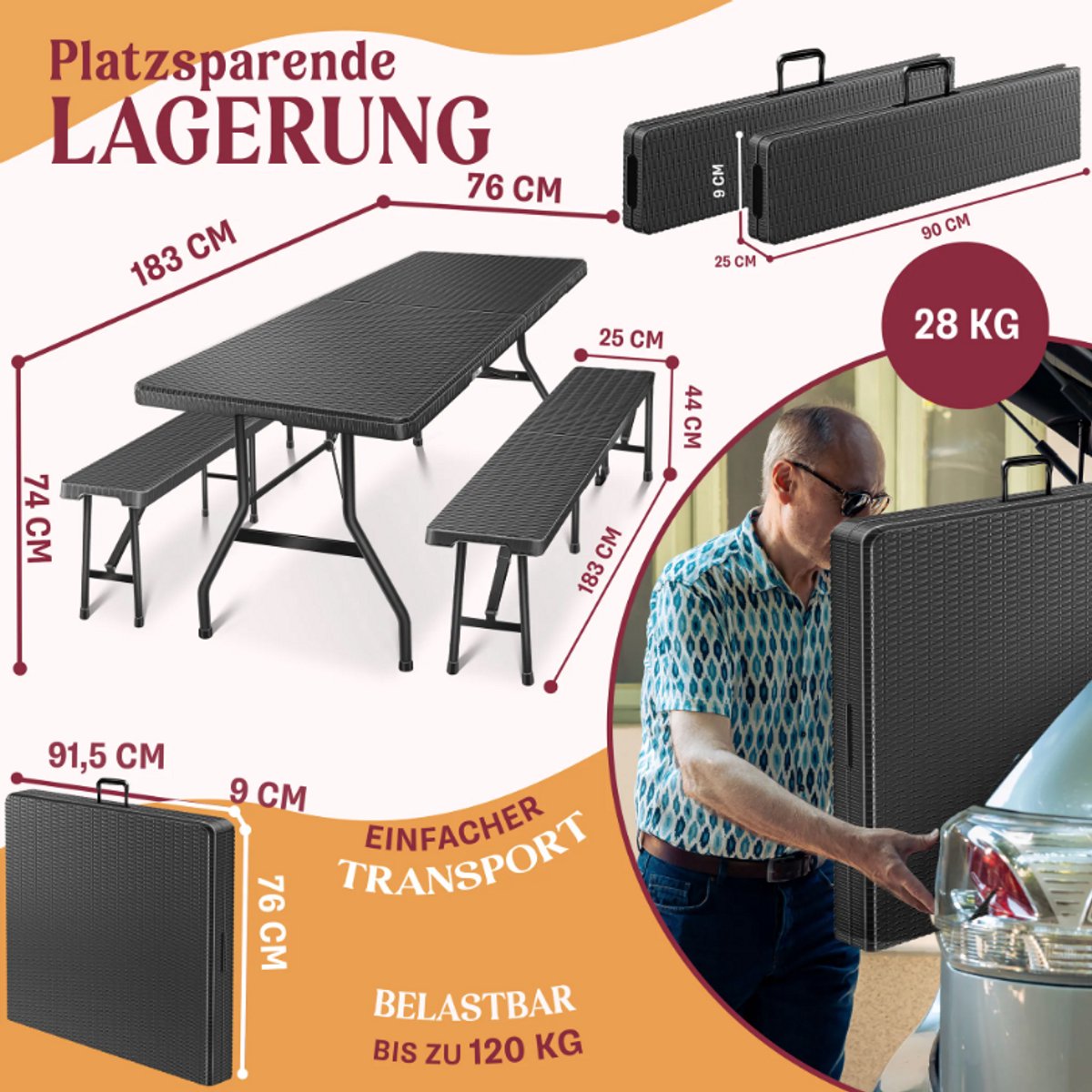 KESSER® Biertafel - Picknicktafel - Opvouwbaar - Zwart