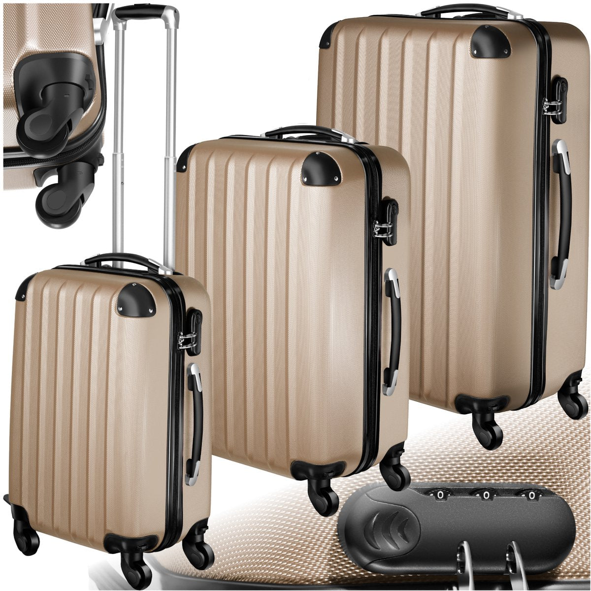 tectake® 3-Delige Kofferset – Hardshell Trolleykoffers – ABS Kunststof – TSA Cijferslot – 360° Draaibare Wielen – Verstelbare Telescoopgreep – Champagne •