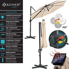 KESSER® Zweefparasol met voet - LED - Ø 3.3m - 360° Draaibaar  - Beige