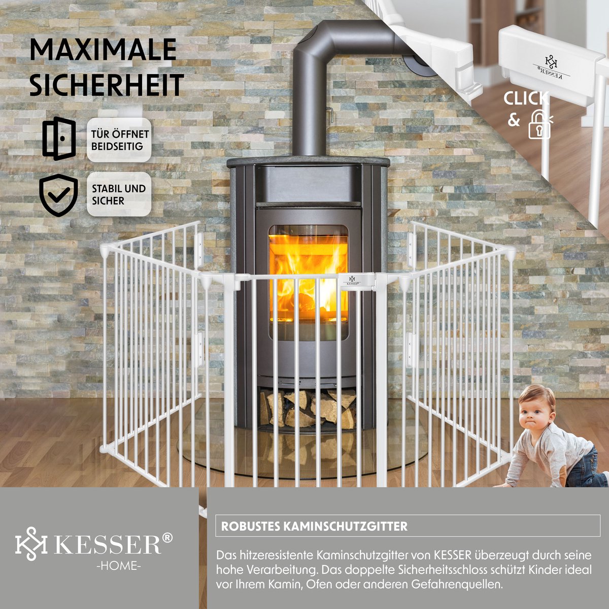 KESSER® Veiligheidshekje voor Kinderen - Openhaard hek - Beschermrooster met Deur Metalen Kachelbeschermer Box Crash Barrier Dierenhek Deurbeschermer voor Kinderveiligheid - Wit - 300 cm lengte
