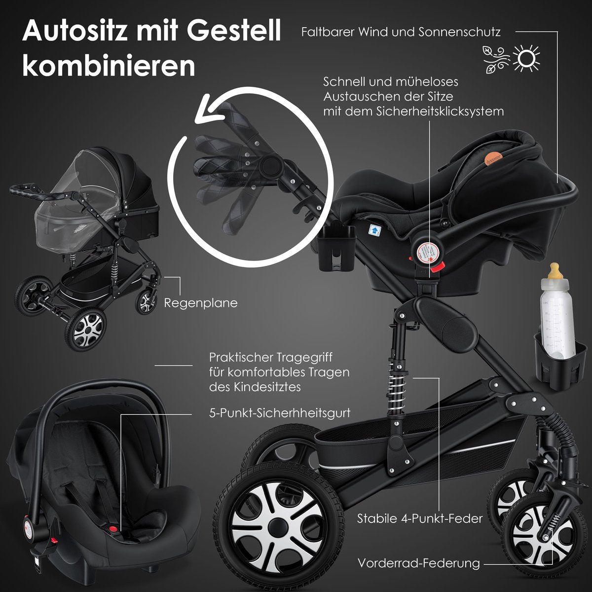 Kinderwagen 3 in 1 - Buggy - Wandelwagen - Kinderbuggy - Zwart - KESSER®
