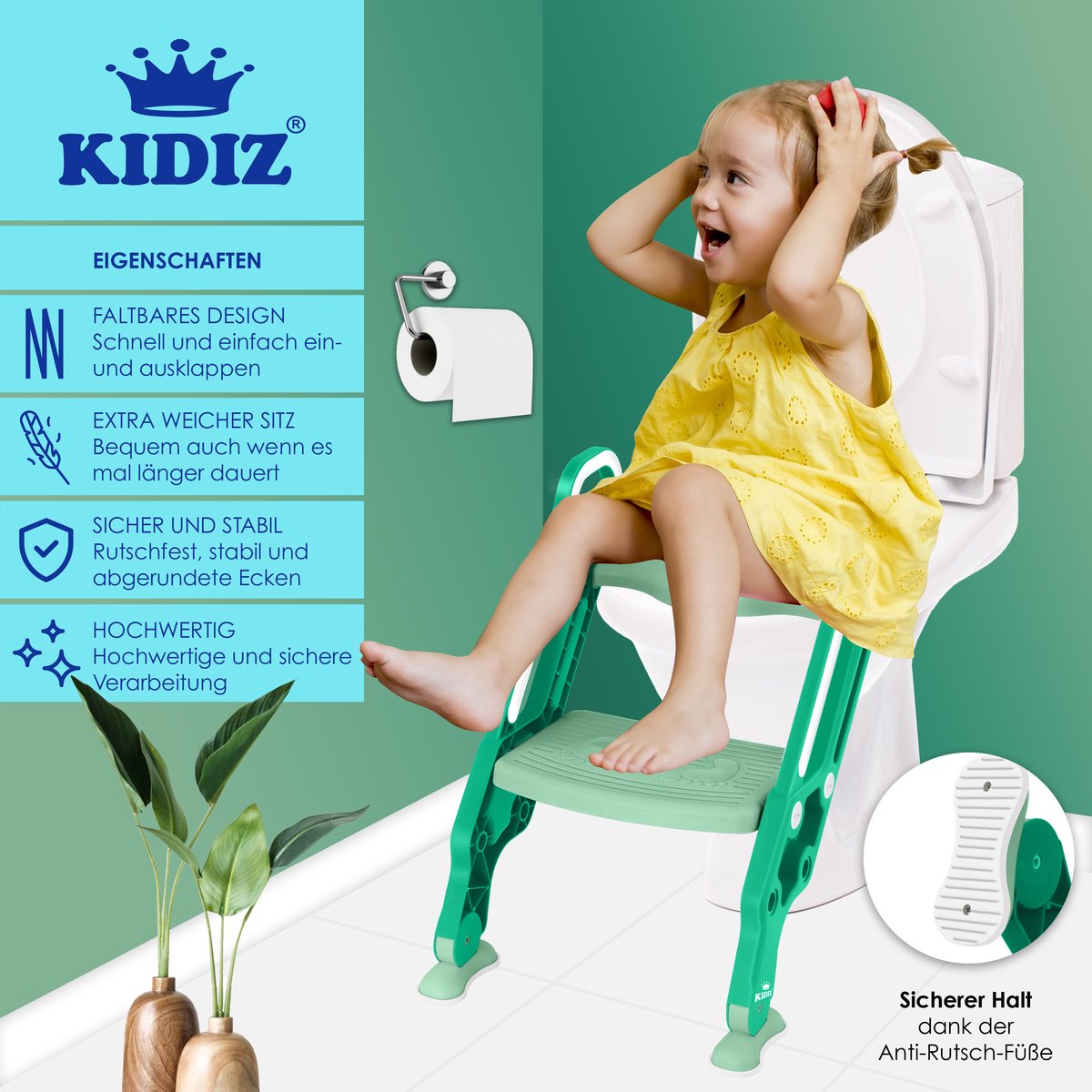 KIDIZ® Toiletbril voor kinderen Kindertoiletbril Toilettrainer met Trap en Handgrepen Opvouwbare Kindertoiletbril Potjestrainer Leren Potje Comfortabel Kussen en Brede Treden Toilettrappen In Hoogte Verstelbaar - Groen