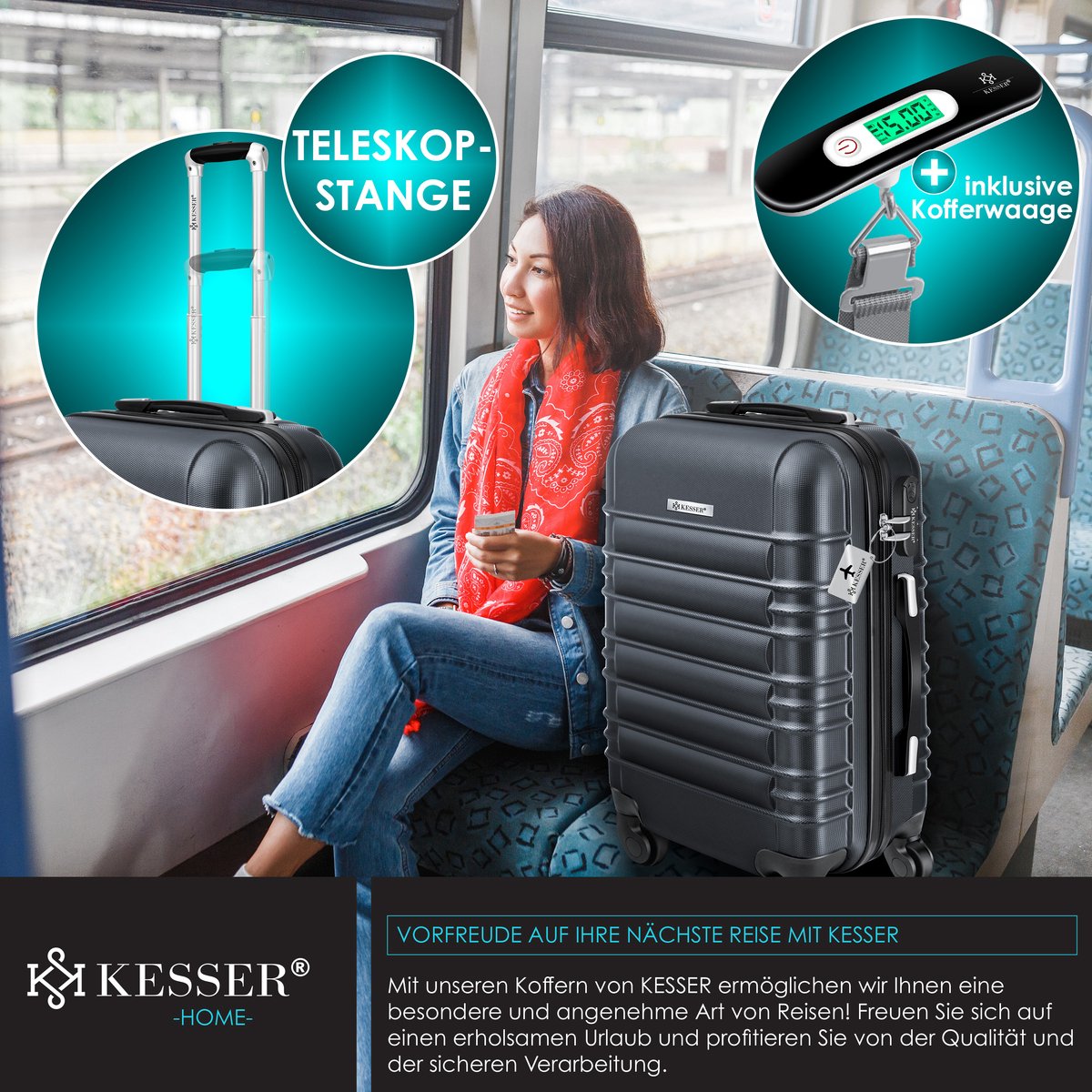 KESSER® Reiskoffer - 55L - Handbagage - ABS - Antraciet