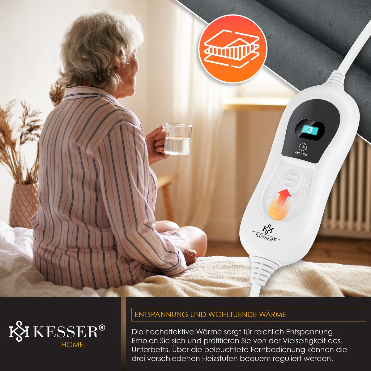 KESSER® Elektrische Onderdeken Warmtedeken met automatisch uitschakelende afstandsbediening | warmte deken met 3 temperatuurstanden | voor matrasverwarming | van zacht fleece - Wit met motief (160 cm x 140 cm)