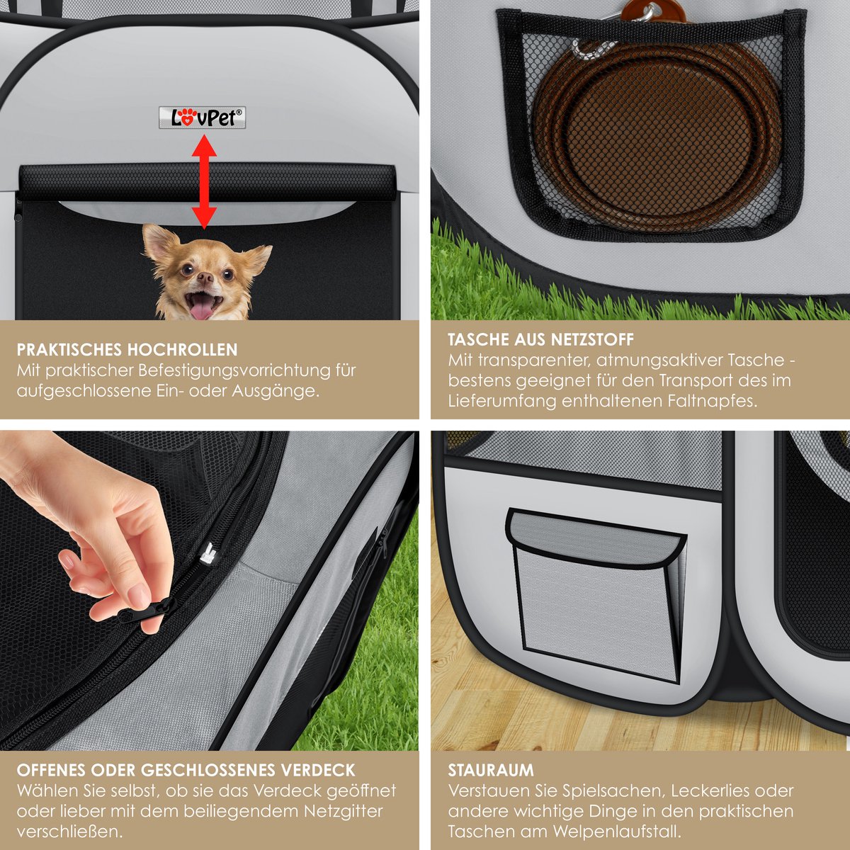LOVPET® Puppyren voor Kleine Dieren Honden Katten - Opvouwbaar Hondenren inclusief kom en Haringen - Puppy Ren Pop-up Systeem Indoor & Outdoor Konijnenren - Lichtgrijs