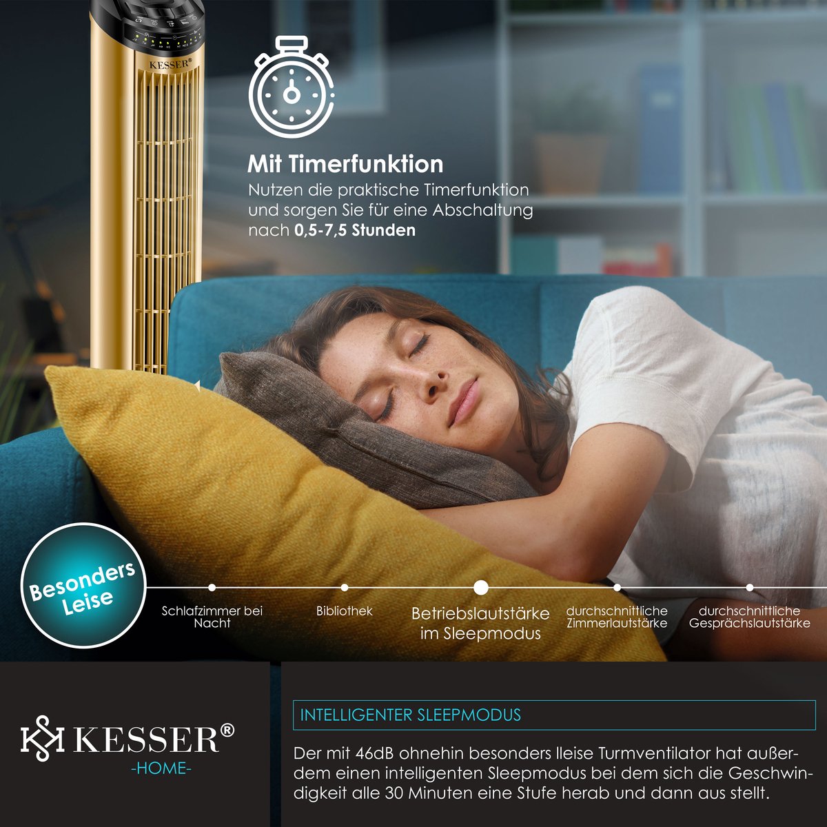 KESSER® Torenventilator - Fluisterstil - Oscillatie - Goud •