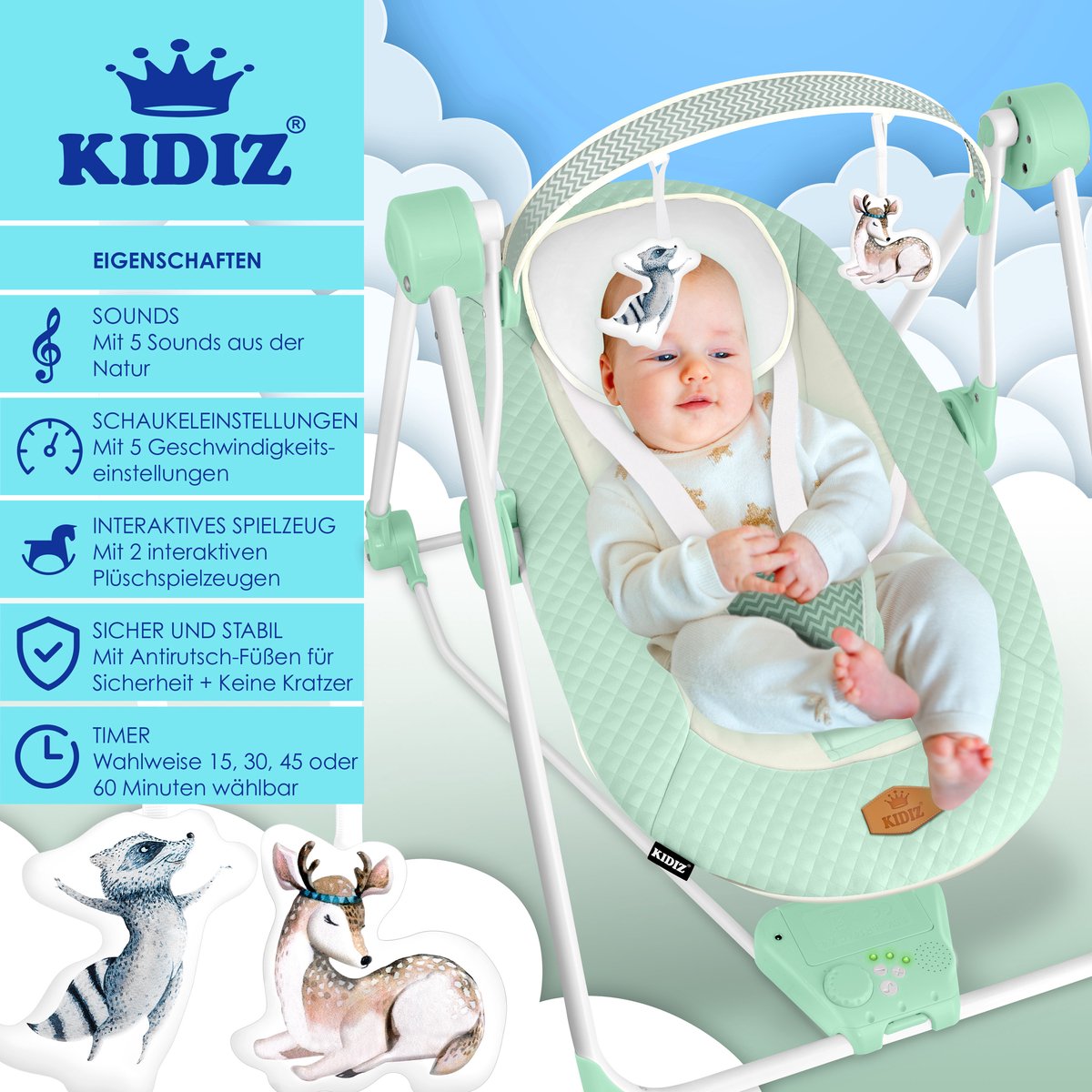 Wipstoel - Babyschommel - Baby Swing -  max 9kg - Groen - KIDIZ®