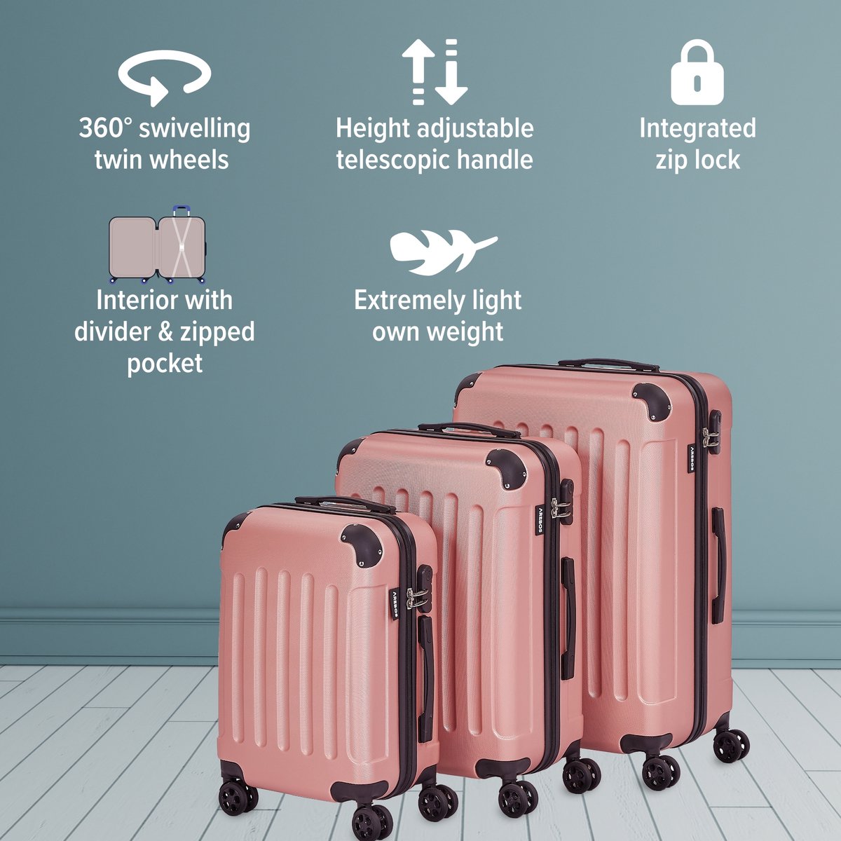 AREBOS Kofferset - Kofferset 3 delig - Reiskoffer set - 360° zwenkbare wielen - M-L-XL - Rosé Goud