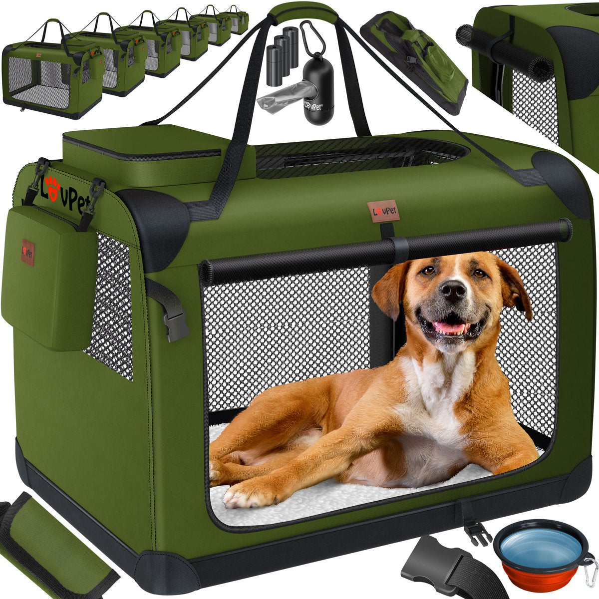 Reisbench hond - Draagtas hond - Transportbox - 91x63x63 cm - Khaki