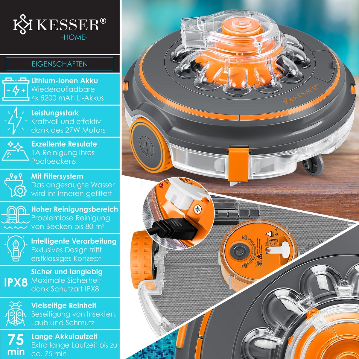 KESSER® Zwembadrobot accu Aqua-9000 incl. transporttas, Stofzuiger voor zwembaden tot 80m², Li-Ion accu max. 75 min, Zwembadreiniger snoerloze zwembadstofzuiger vloerreiniging volautomatische vloerstofzuiger - Oranje
