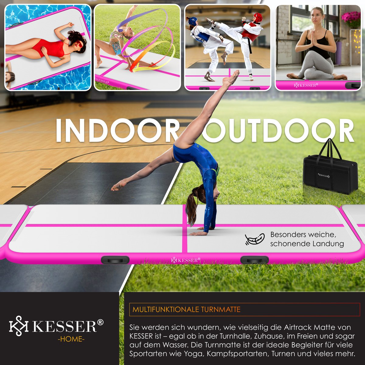 KESSER® Gymnastiekmat Opblaasbare Airtrack Fitnessmat|Yogamat,Tumblingmatten,Trainingsmat,Sportmat |Sporten & Spelen|Buiten & Binnen|incl. Draagtas & Electr. Luchtpomp - Roze / 6M