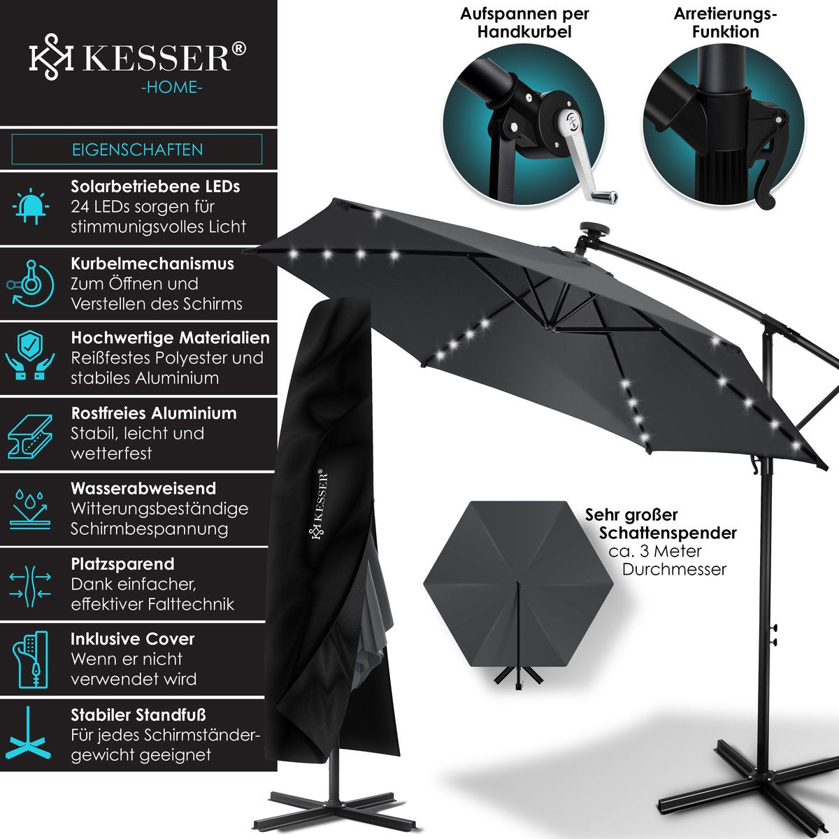 KESSER® Zweefparasol met voet - LED - Ø 3m - 360° Draaibaar  - Antraciet •