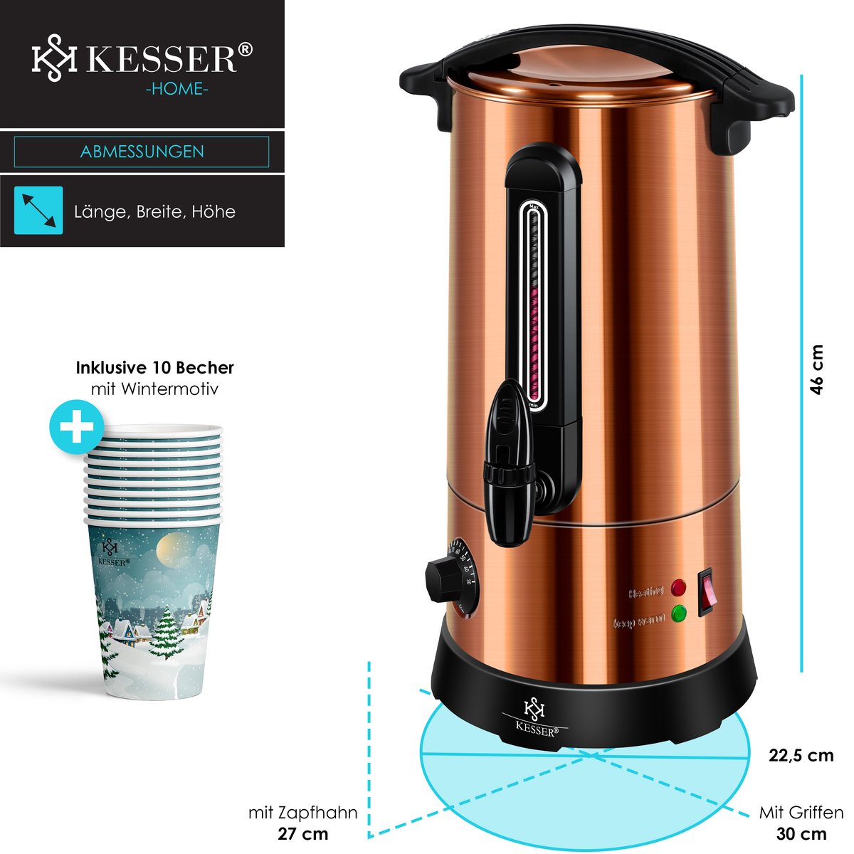 KESSER® Gluhweinketel 10 Liter - Elektrische Ketel voor Gluhwein - Glühweinketel Roestvrij Staal Incl. 10x Mokken Warm Dranken Dispenser voor Glühwein met Thermostaat Water Koker - Koper