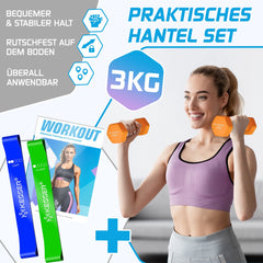 KESSER® Dumbells Set 2 Paren | Gewichten Set | verstelbare Dumbell Geschikt voor Krachttraining | Halterset met oefeningenboekje, 2x fitnessbanden, 2 x 3 kg - Oranje