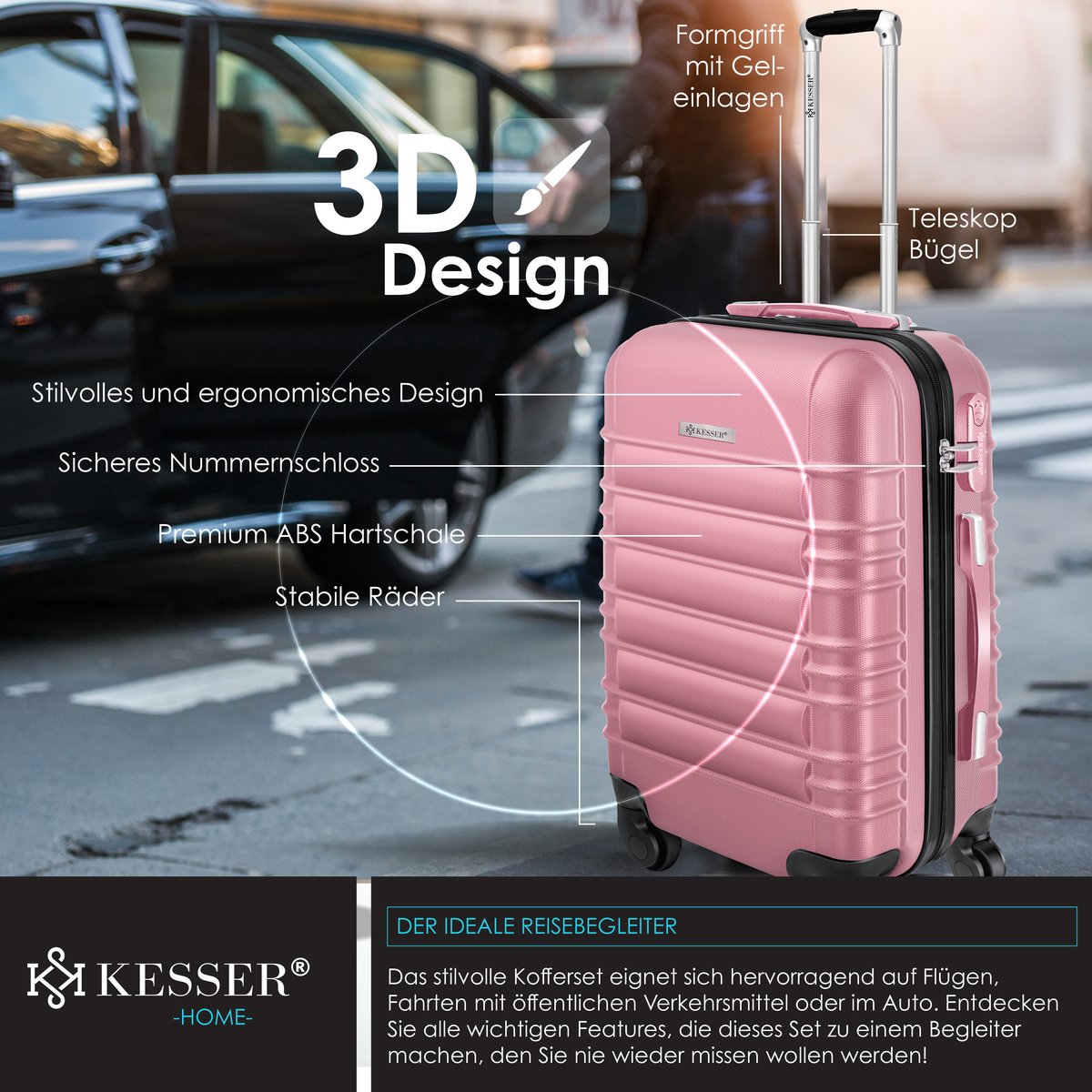 KESSER® Reiskofferset - 3-delig - ABS- Kofferset - Roze