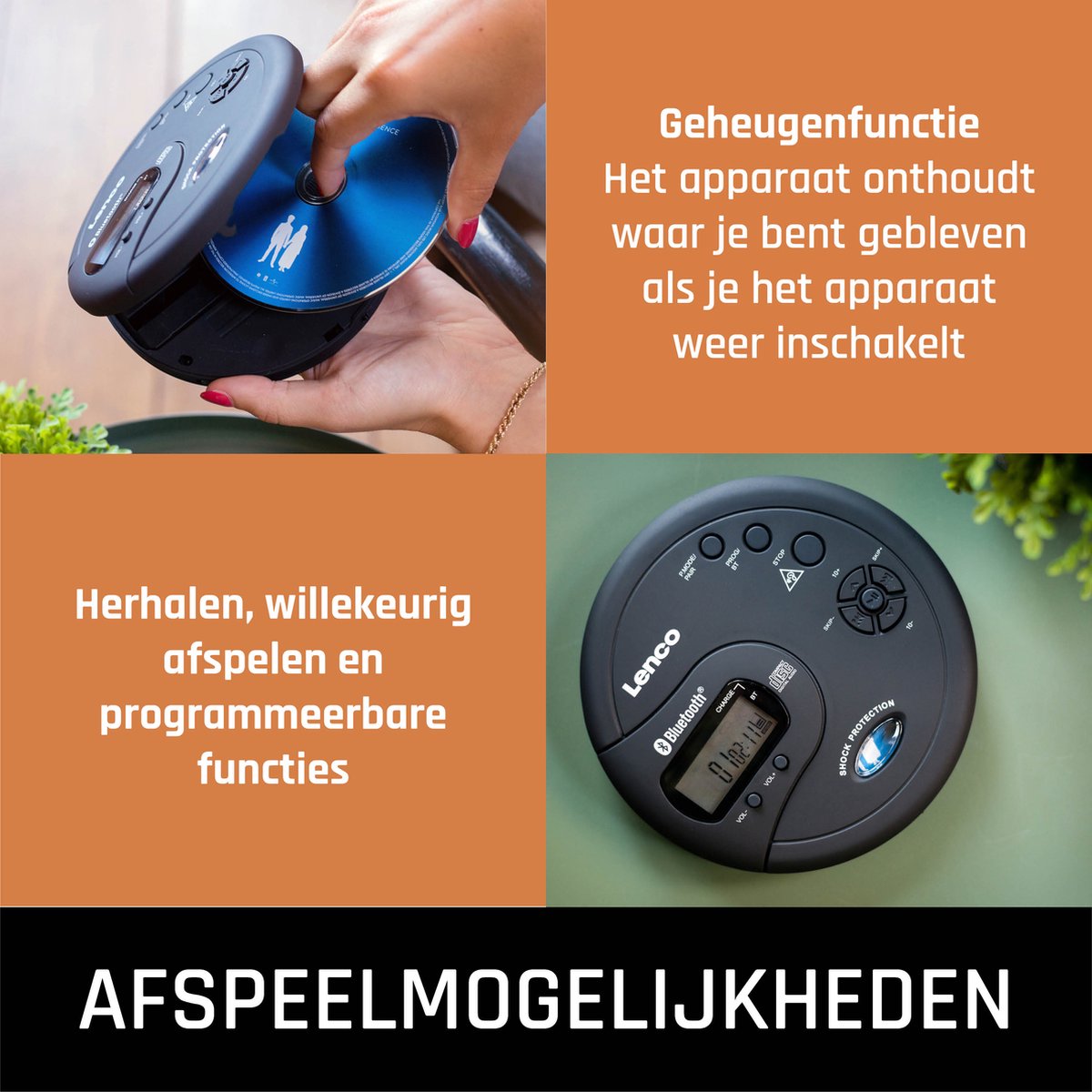Lenco CD-300BK Discman - Draagbare Bluetooth CD en MP3 Speler - Anti-Shock Bescherming en oplaadbare Batterij - Zwart