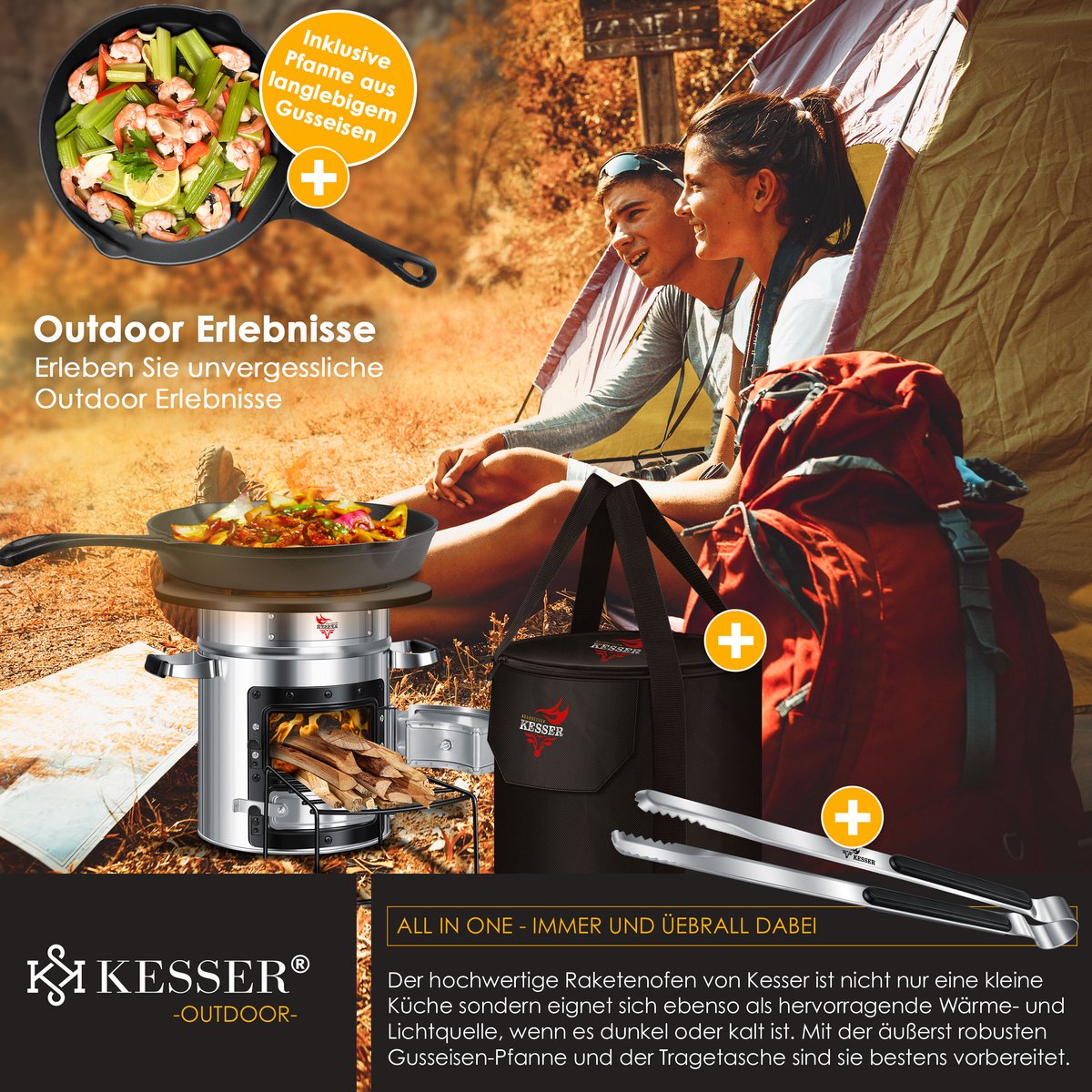 KESSER® Raket Stove / Camping Kachel / Wood Stove Incl. Gietijzeren Grillpan met Draagtas, Dutch Oven BBQ Raket Houtfornuis Camping Grill, Roestvrij Staal - Zilver