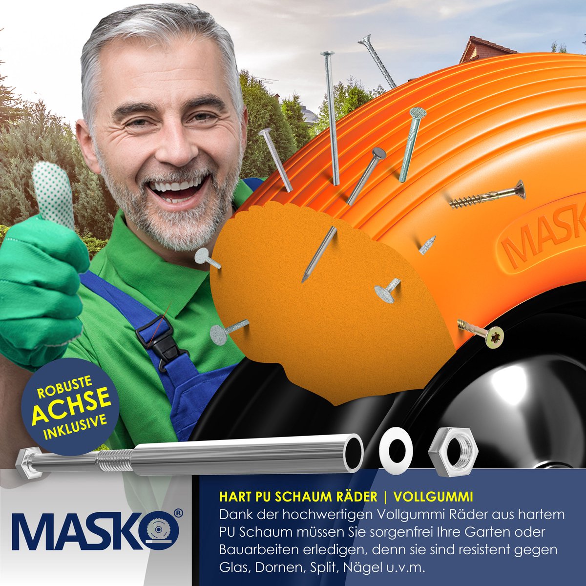 MASKO® Kruiwagenwiel Massief - 4.80/4.00-8 Ø 390mm - Oranje