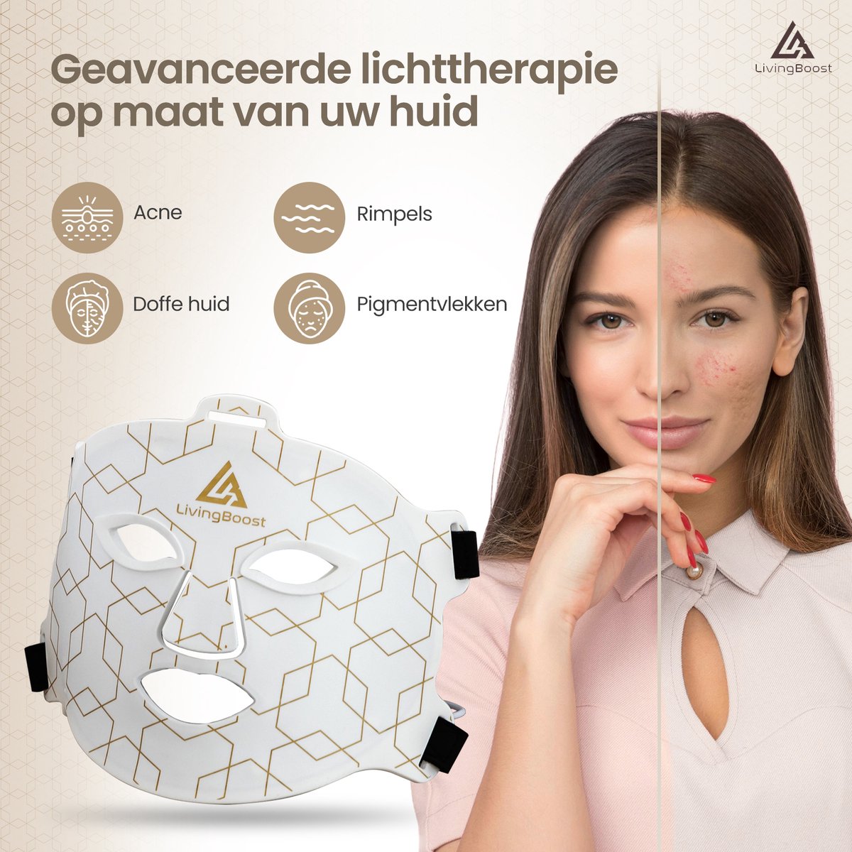 LivingBoost® Led Gezichtsmasker - Led Masker - Infraroodlamp - Rood Licht Therapie - Collageen Masker - Infraroodtherapie - Red Light Therapy - Huidverzorging - Led Face Mask