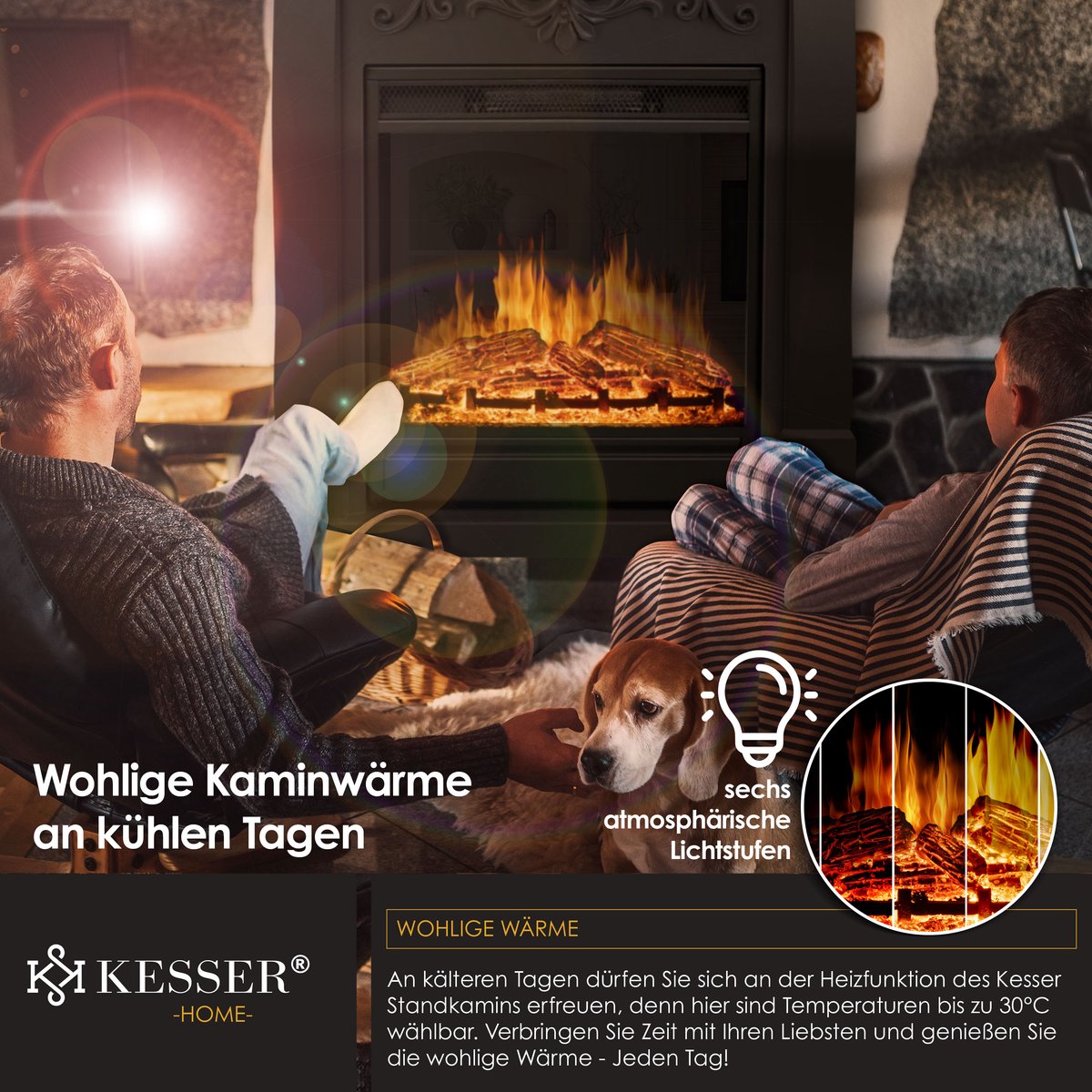 KESSER® Sfeerhaard Elektrisch Haard 1800W met LED Vlammen Dimbaar - Electrische Kachel met Timer & Afstandsbediening - Elektrische Verwarming met Thermostaat - Villa Zwart
