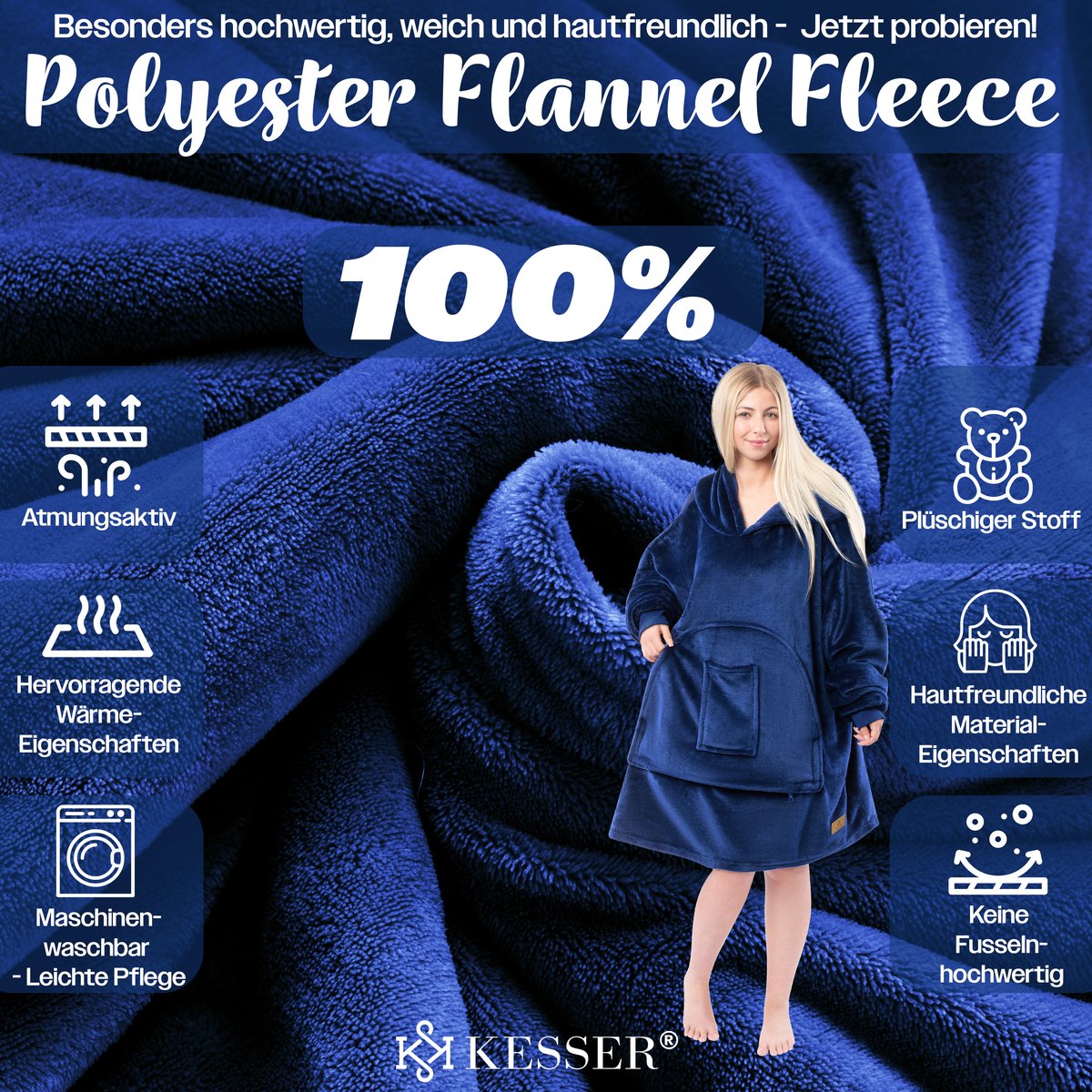 KESSER® Oversized Oodie - Fleece Deken met Mouwen | Draagbare Deken - Snuggle Hoodie | Plaid Knuffeldoekje - Marineblauw