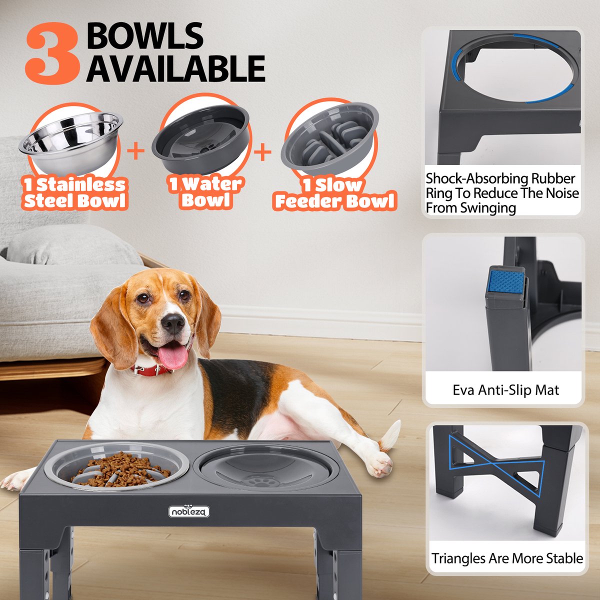 Nobleza Voerbak Hond - Drinkbak Hond - 7,5-31 cm Hoog - Grijs