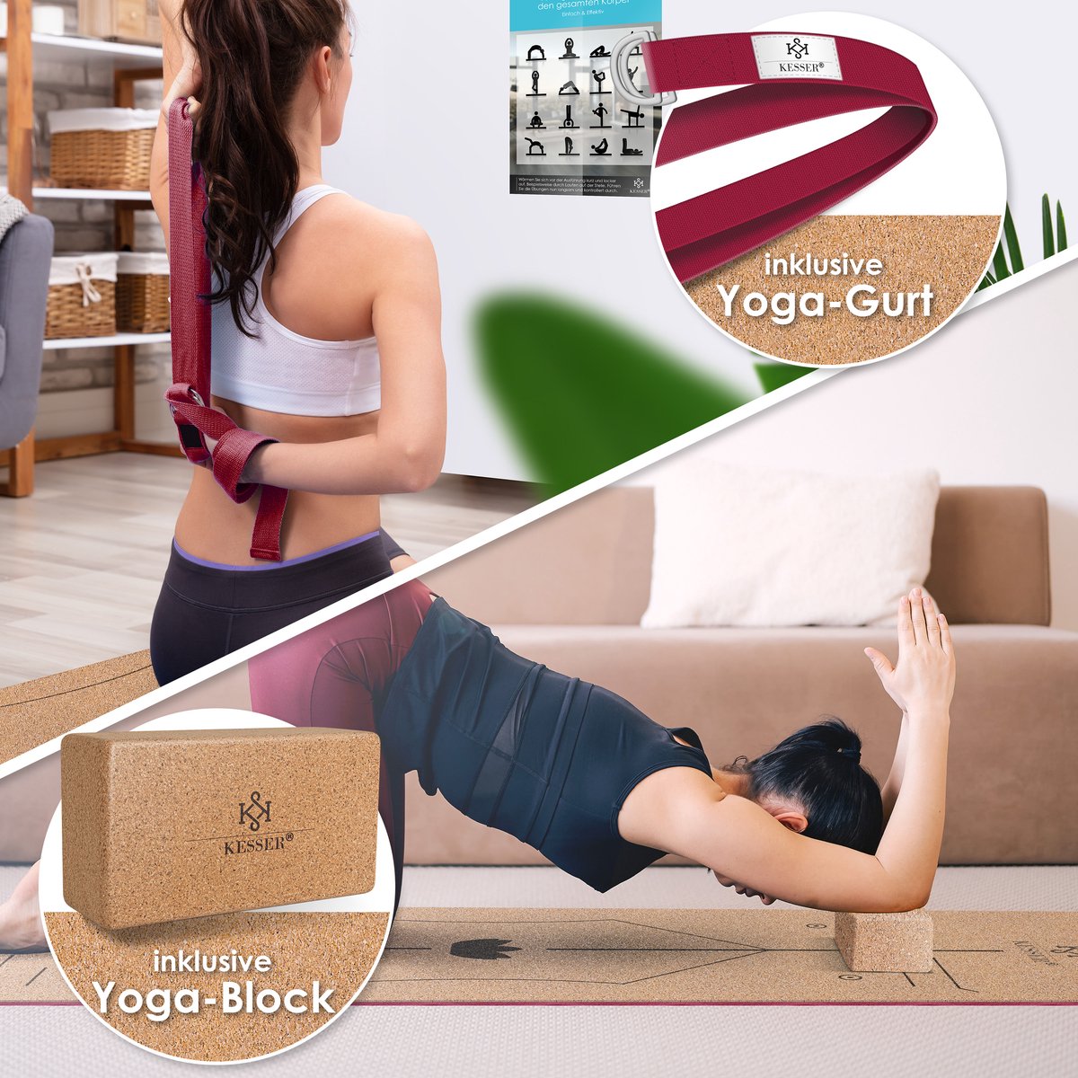 KESSER® Yogamat Kork 183x62cm Turnmat Gymnastiekmat Fitnessmat Inclusief Draagriem Tas & Yoga Blok - Bordeux