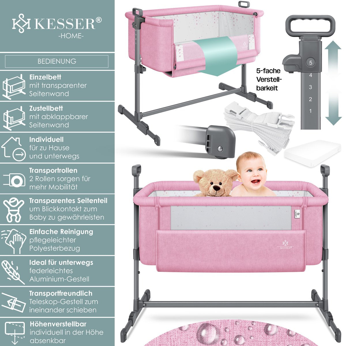 KESSER® 3in1 Ledikant - Babybed - Verstelbaar - Inklapbaar - Lichtgrijs